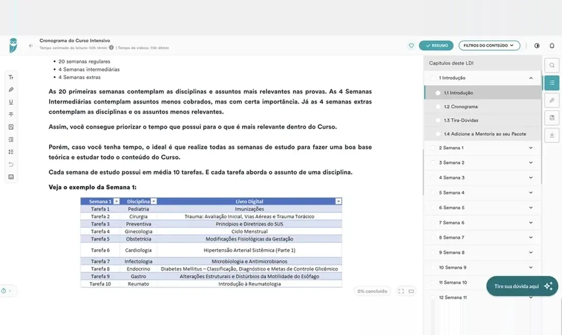 Tela do cronograma de estudos do Estratégia MED, com as tarefas da semana distribuídas por disciplina