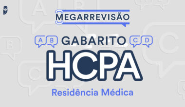 imagem de cor cinza claro ao fundo com ilustração de caixas de diálogo e logo do Estratégia MED no canto superior esquerdo, com as escritas em azul "Megarrevisão", "Gabarito HCPA" e "Residência Médica" centralizadas