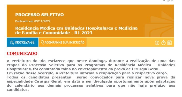 Imagem do comunicado da Prefeitura do Rio de Janeiro aos candidatos à prova de residência médica em Cirurgia Geral