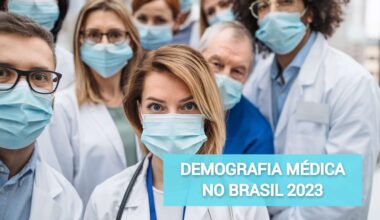 foto de médicos usando jaleco e máscara cirúrgica e texto demografia médica no Brasil 2023