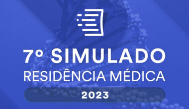 Cartaz de fundo azul com o texto 7º Simulado Residência médica 2023 do Estratégia MED