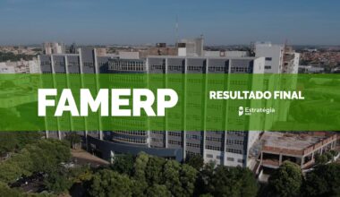 imagem ao fundo do Hospital de Base de São José do Rio Preto, com faixa verde sobreposta com as escritas em fonte branca "FAMERP Resultado Final" e logotipo do Estratégia MED