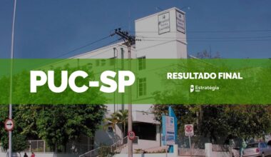 imagem ao fundo do Hospital Santa Lucinda, com faixa verde sobreposta com as escritas em fonte branca "PUC-SP Resultado Final" e logotipo do Estratégia MED