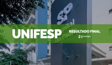 imagem ao fundo do Hospital São Paulo, Hospital Universitário da Unifesp, com faixa verde sobreposta com as escritas em fonte branca "UNIFESP Resultado Final" e logotipo do Estratégia MED