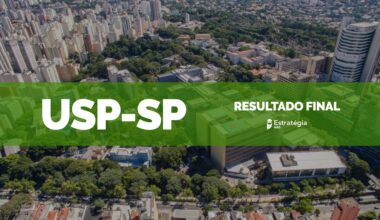 imagem aérea ao fundo do Complexo do Hospital das Clínicas da Faculdade de Medicina da Universidade de São Paulo, com faixa verde sobreposta com as escritas em fonte branca "USP-SP Resultado Final" e logotipo do Estratégia MED