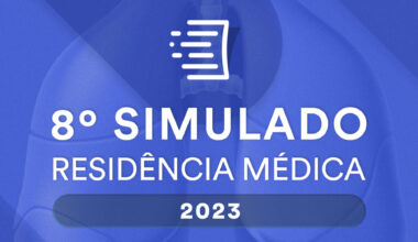 Cartaz de fundo azul com o texto 8º Simulado Residência médica 2023 do Estratégia MED