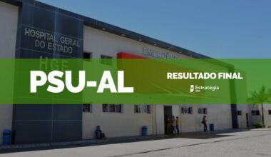 imagem ao fundo do Hospital Geral do Estado de Alagoas, com faixa verde sobreposta com as escritas em fonte branca "PSU-AL Resultado Final" e logotipo do Estratégia MED