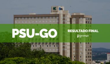 imagem ao fundo do Hospital das Clínicas da UFG, com faixa verde sobreposta com as escritas em fonte branca "PSU-GO Resultado Final" e logotipo do Estratégia MED