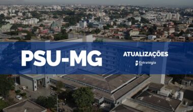 imagem aérea ao fundo do Hospital Risoleta Tolentino Neves, com faixa azul sobreposta com as escritas em fonte branca "PSU-MG Atualizações" e logotipo do Estratégia MED