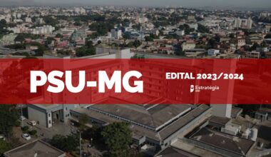 imagem aérea ao fundo do Hospital Risoleta Tolentino Neves, com faixa vermelha sobreposta com as escritas em fonte branca "PSU-MG Edital 2023/2024" e logotipo do Estratégia MED