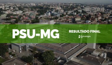 imagem aérea ao fundo do Hospital Risoleta Tolentino Neves, com faixa verde sobreposta com as escritas em fonte branca "PSU-MG Resultado Final" e logotipo do Estratégia MED