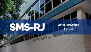 imagem ao fundo do Hospital Municipal Souza Aguiar, com faixa azul sobreposta com as escritas em fonte branca "SMS-RJ Atualizações" e logotipo do Estratégia MED