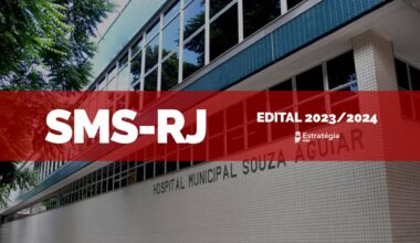 imagem ao fundo do Hospital Municipal Souza Aguiar, com faixa vermelha sobreposta com as escritas em fonte branca "SMS-RJ Edital 2023/2024" e logotipo do Estratégia MED