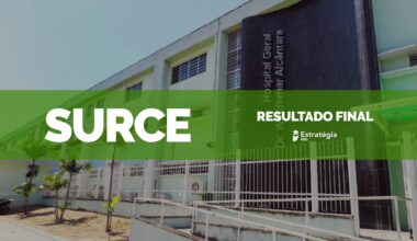 imagem ao fundo do Hospital Geral Dr. Waldemar Alcântara, com faixa verde sobreposta com as escritas em fonte branca "SURCE Resultado Final" e logotipo do Estratégia MED