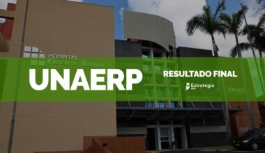 imagem ao fundo do Hospital Electro Bonini, com faixa verde sobreposta com as escritas em fonte branca "UNAERP Resultado Final" e logotipo do Estratégia MED