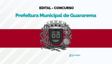 Capa de divulgação do concurso médico da Prefeitura Municipal de Guararema com faixa vermelha abaixo do brasão do município