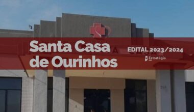 Banner com fachada de texto sobre faixa vermelha "Edital Santa Casa de Ourinhos 2024"