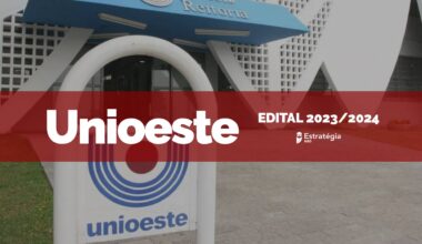 unioeste (fachada) sobre o texto, em tarja vermelha: Unioeste edital 2023/2024 do Estratégia MED
