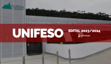 fachada Hospital das Clínicas de Teresópolis Costantino Ottaviano (HCTCO) com texto em faixa vermelha: edital 2023/2024 UNIFESO