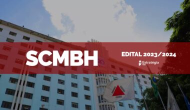 fachada Santa Casa de Belo Horizonte (SCMBH), com faixa vermelha e texto "Edital de residência médica 2024"