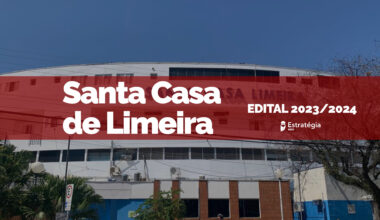 fachada Santa Casa de Limeira, com faixa vermelha e texto "Edital de residência médica 2024"