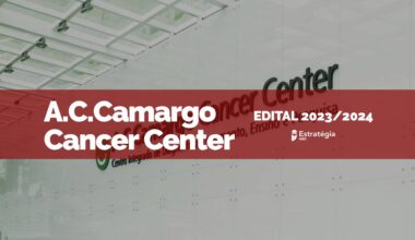 fachada ac camargo center com texto em faixa vermelha: edital 2023/2024 A.C.Camargo Cancer Center