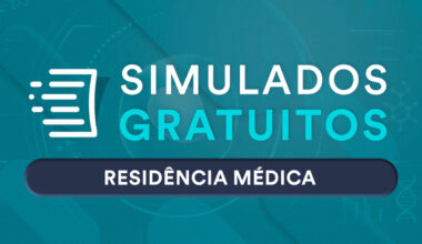 Cartaz de fundo verde com o texto "Simulados Gratuitos Residência Médica"