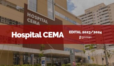 imagem ao fundo do Hospital CEMA, com faixa vermelha sobreposta com as escritas em fonte branca "Hospital CEMA Edital Residência Médica 2023/2024" e logotipo do Estratégia MED