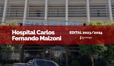 fachada Hospital Carlos Fernando Malzoni, com faixa vermelha e texto "Edital de residência médica 2024"