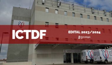 fachada do Instituto de Cardiologia e Transplantes do Distrito Federal, com faixa vermelha acima e escrita "ICTDF Edital 2023/2024" em branco