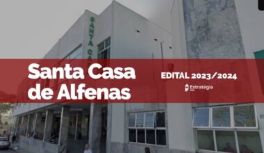 fachada Santa Casa de Alfenas, com faixa vermelha e texto "Edital de residência médica 2024"