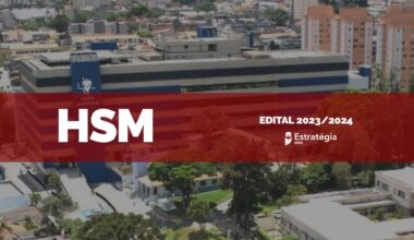 imagem aérea do Hospital Santa Marcelina, com faixa vermelha sobreposta com as escritas em fonte branca "HSM Edital 2023/2024" e logotipo do Estratégia MED