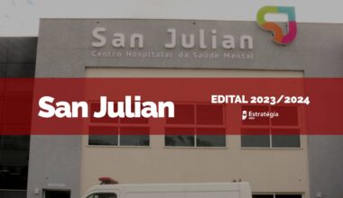 imagem ao fundo do Hospital San Julian, com faixa vermelha sobreposta com as escritas em fonte branca "San Julian Edital 2023/2024" e logotipo do Estratégia MED