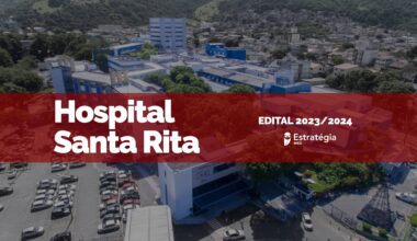 imagem ao fundo do Hospital Santa Rita, com faixa vermelha sobreposta com as escritas em fonte branca "Hospital Santa Rita Edital 2023/2024" e logotipo do Estratégia MED