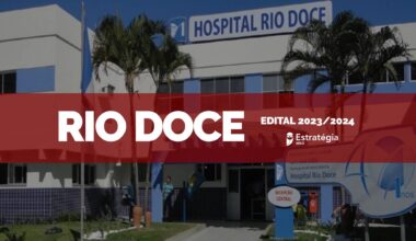 imagem aérea do Hospital Rio Doce, com faixa vermelha sobreposta com as escritas em fonte branca "RIO DOCE Edital 2023/2024" e logotipo do Estratégia MED