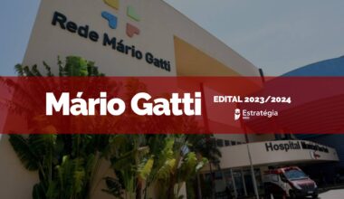 Fachada do Hospital Municipal Dr. Mário Gatti com faixa vermelha e texto "residência médica 2023/2024"