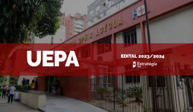 imagem aérea do Hospital Ophir Loyola, com faixa vermelha sobreposta com as escritas em fonte branca "UEPA Edital 2023/2024" e logotipo do Estratégia MED